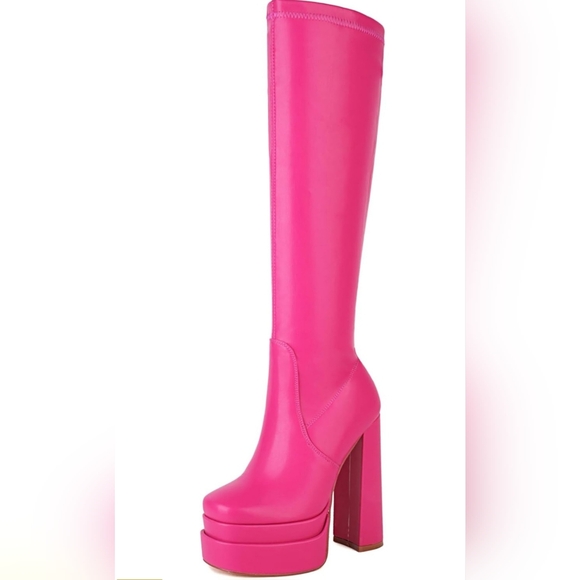 vivianly Women's Platform Knee High Boots Square Toe Chunky Heel Long Stretch Go - Picture 2 of 9